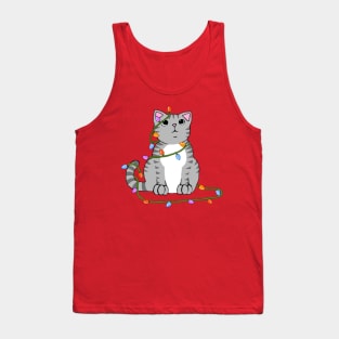 Cute Christmas Cat Wrapped in Xmas Lights Kawaii Gray Tabby Tank Top